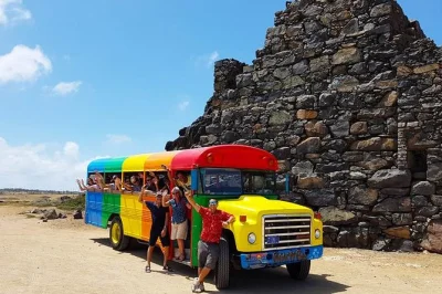 Laugh, dance, and see aruba’s top sights by colorful beach bus—includes hotel pickup, local guide stories, snacks, and an hour to swim or snorkel at arashi beach.