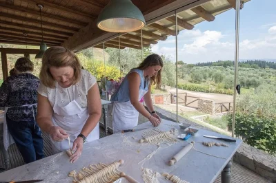 Arrive hungry in florence, shop the lively market, then cook & share a four-course tuscan meal at a countryside farmhouse with wine. includes transport & recipes.