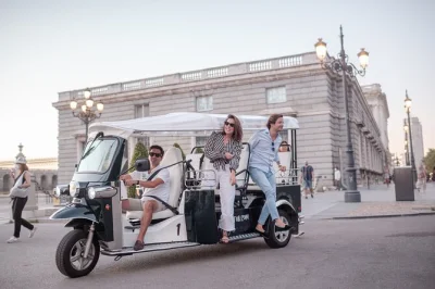 Descubre madrid en un eco tuk tuk: palacio real, prado, mercado de san miguel y más en 2 horas. incluye guía experto, recogida en la ciudad y conductor privado.