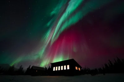 Disfruta las auroras boreales desde una acogedora cabaña en las alturas cerca de fairbanks, con ventanas panorámicas, fotos gratis y chocolate caliente ilimitado. recogida incluida.