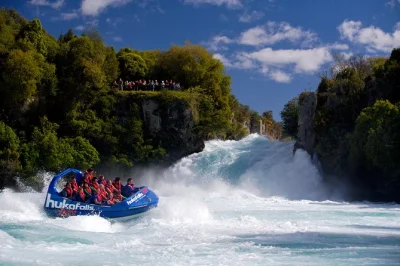 Feel the waikato river’s spray on a 30-minute jet boat ride to huka falls in taupo, with exclusive base access, local guide, and pickup included.