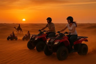 Feel the thrill of dubai’s al lahbab desert with quad biking, camel rides, sandboarding, and a bbq dinner. includes hotel pickup and local guide.