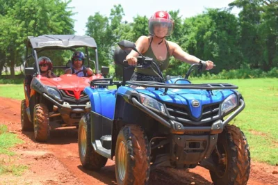 Feel the rush of off-road atv trails and ziplining above negril’s coastline. includes hotel pickup, pro guides, safety gear, and a stop at salmon point beach.