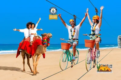 Feel the rush of sky biking above migriño, then slow down with a beach camel ride in los cabos. includes hotel pickup, bilingual guide, and tequila tasting.