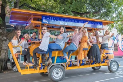 Laugh with friends as you pedal a mobile pub through indianapolis, stop for drinks, play games at the world war memorial, and enjoy music—all with a local guide.