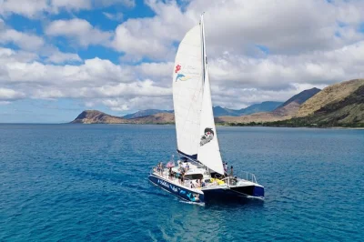 Explorez la côte de ko olina à oahu en catamaran, plongez parmi les récifs colorés, observez les dauphins et savourez un déjeuner avec cocktails. transfert et équipement inclus pour une journée