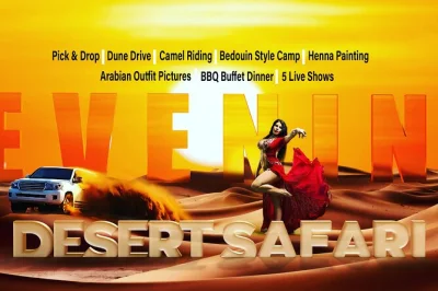 Feel the thrill of dubai’s desert safari with dune bashing, camel rides, live bbq dinner, and local shows. includes pickup, vip seating, and family-friendly fun.