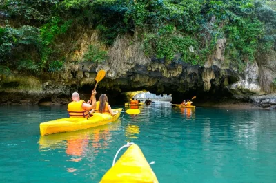 Start early from hanoi or cat ba for a day trip through lan ha & ha long bay, kayak hidden caves, visit cai beo floating village, and join a sunset cooking class. includes pickup & lunch.