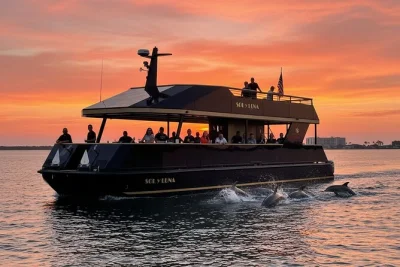 Watch dolphins at sunset on a destin eco-cruise from sandestin baytowne marina, with local guide narration and up-close views. includes all fees and restroom onboard.