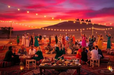 Feel the agafay desert as sunset colors the sky, ride camels, try quad biking, and share a moroccan dinner with live music. includes marrakech pickup.