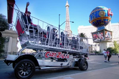 Feel the rush of las vegas in a giant shopping cart limo, cruising past icons like the bellagio fountains & welcome sign. includes music, misters & local driver.