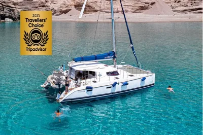 Feel the breeze on a small group catamaran cruise around milos & poliegos, swim in hidden bays, explore caves, and enjoy lunch with local wine included.