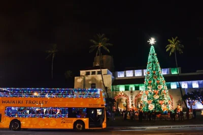 Ride the waikiki trolley through honolulu’s festive lights, stop at honolulu hale for holiday displays, enjoy games and hot chocolate at aloha tower. includes guide.