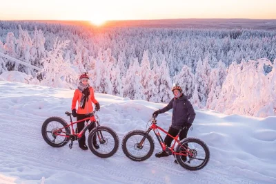 Explore florestas nevadas em e-fatbikes com guia local em rovaniemi. equipamento incluso, grupo privado e trilhas personalizadas. reserve sua aventura de inverno agora.